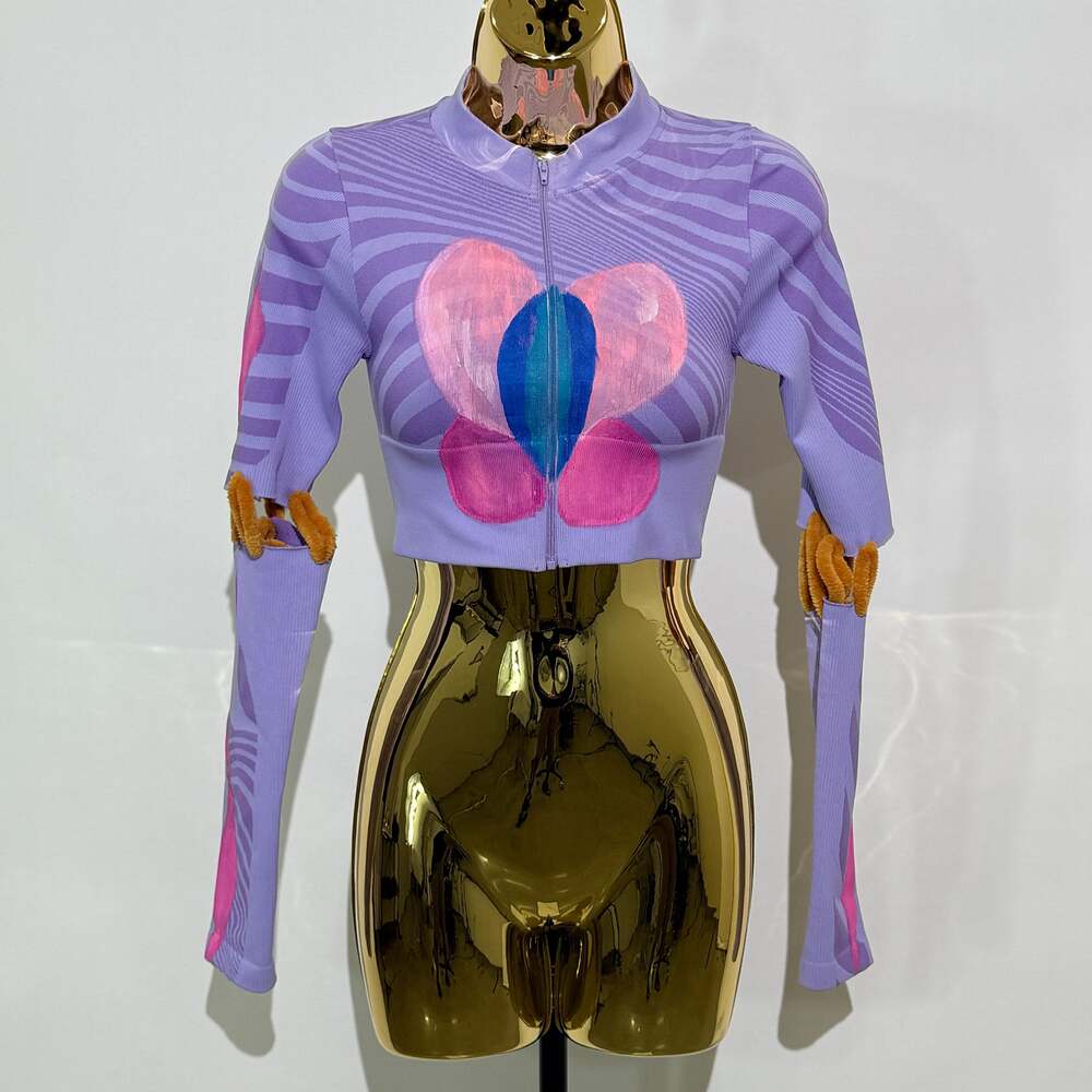 Neon Blue Pink Beach Long Sleeve Crop Top